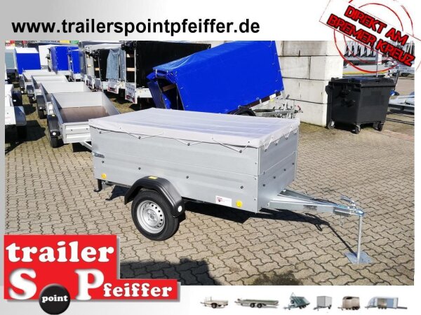 TPV TL-EU2 Tieflader Anhänger - 750 kg - ungebremst - 100 KM/H - Zurrösen - 13 pol. Stecker - mit Bordwandaufsatz und Flachplane