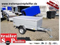 TPV TL-EU2 Tieflader Anhänger - 750 kg - ungebremst - 100 KM/H - Zurrösen - 13 pol. Stecker - mit Bordwandaufsatz und Flachplane