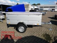 TPV TL-EU2 Tieflader Anhänger - 750 kg - ungebremst - 100 KM/H - Zurrösen - 13 pol. Stecker - mit Bordwandaufsatz und Flachplane