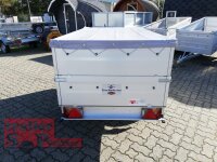 TPV TL-EU2 Tieflader Anhänger - 750 kg - ungebremst - 100 KM/H - Zurrösen - 13 pol. Stecker - mit Bordwandaufsatz und Flachplane