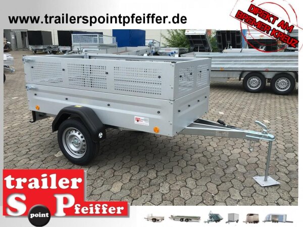 TPV TL-EU2 Tieflader Anhänger - 750 kg - ungebremst - 100 KM/H - Zurrösen - 13 pol. Stecker - mit Gitteraufsatz