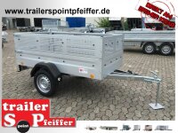 TPV TL-EU2 Tieflader Anhänger - 750 kg - ungebremst - 100 KM/H - Zurrösen - 13 pol. Stecker - mit Gitteraufsatz