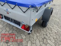 TPV TL-EU2 Tieflader Anhänger - 750 kg - ungebremst - 100 KM/H - Zurrösen - 13 pol. Stecker - mit Flachplane