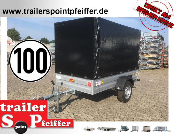 Böckmann TL-AL 2513/135 ALU Tieflader Anhänger - gebremst mit Hochplane SP-Line - 2 Reihen Bretter - 100 KM/H