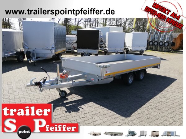 Eduard 2700 KG Multitransporter - Gebremste Doppelachser - 4.0x1.8m - Ladehöhe:56 cm - 195/55R10 - Bordwände 30cm mit Rampen und Winde