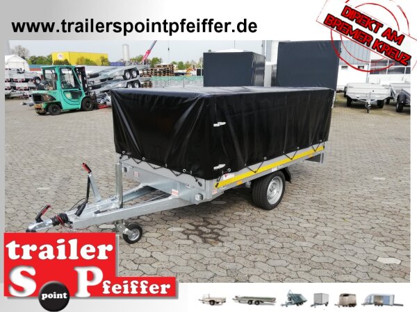 Eduard 1500 KG Hochlader - Gebremste Einzelachser - 2.6x1.5m - Ladehöhe:56 cm - 195/55R10 - Bordwände 30cm - Kastenaufsatz mit Hochplane SP-Line