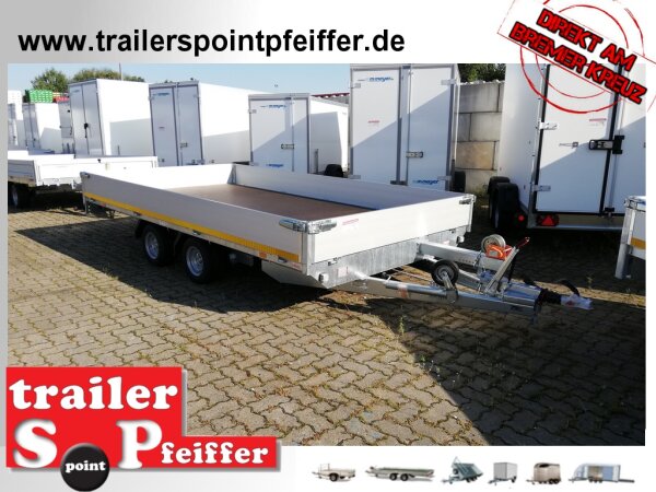 Eduard 3000 KG Multitransporter - Gebremste Doppelachser - 4.0x2.2m - Ladehöhe:56 cm - 195/55R10 - Auffahrschienen & Winde - Bordwände 30cm