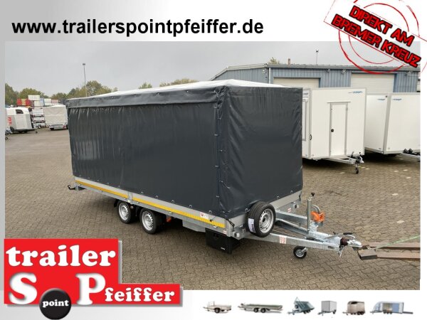 EDUARD 5022 -GD- Hochlader, Auffahrschienen & Winde, Bordwände 30cm -3500kg- Lfh: 63cm -195/50R13 mit Hochplane SP-Line Schiebeplane links und rechts