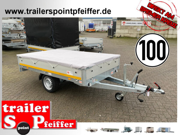 Eduard 1500 KG Hochlader - Gebremste Einzelachser - 2.6x1.5m - Ladehöhe:63 cm - 195/50R13 - Bordwände 30cm - Flachplane - 100 KM/H