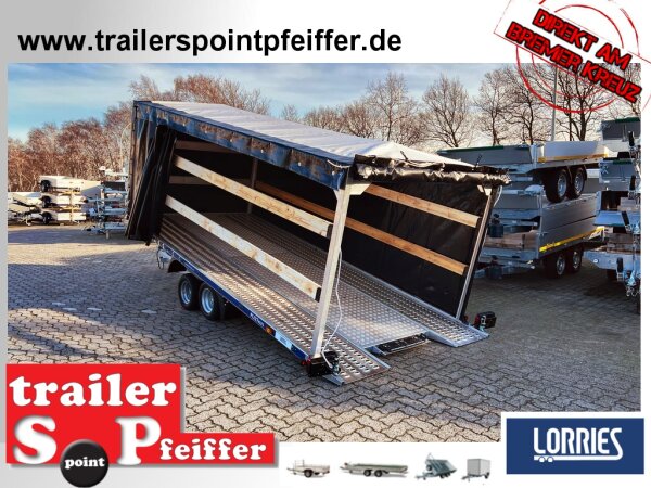 Lorries PLI30-4521 - 3000 kg kippbarer leichter Autotransporter mit ALU Standschienen mit Hochplane SP-Line / Rollo + Schiebeplane in FR links