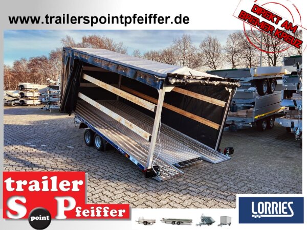 Lorries PLI30-4521 - 3000 kg kippbarer leichter Autotransporter mit geschlossenem ALU Boden und ALU Standschienen mit Hochplane SP-Line / Rollo - Schiebeplane in FR links