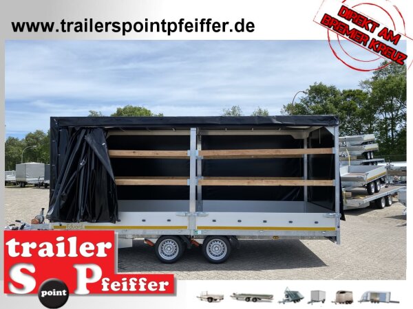 Eduard 3000 KG Multitransporter - Gebremste Doppelachser - 5.0x2.2 - Ladehöhe: 63 cm - 195/50R13 - Auffahrtschienen & Winde - Hochplane SP-Line Schiebeplane