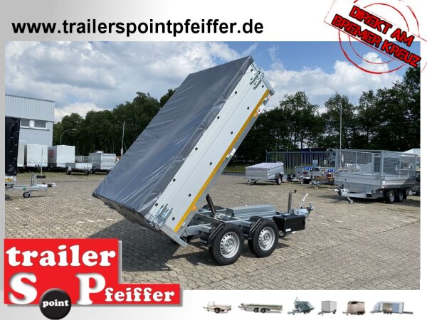 Eduard Rückwärts Kipper - Gebremste Doppelachser - 2.6x1.5m - Ladehöhe:72 cm - 165R13 - Bordwände 30cm - E-Pumpe - ALU Bordwandaufsatz 30 cm - Flachplane