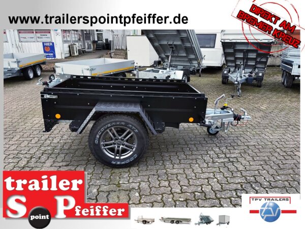 TPV TL-EB2 schwarz Offroad - 1000 kg gebremst Kastenanhänger mit 16" Geländebereifung und Reling