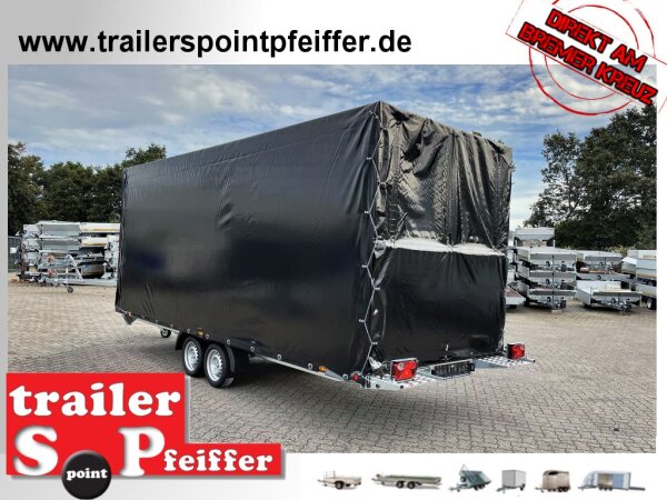 Lorries PLI35-5521 - 3500 kg kippbarer leichter Autotransporter mit geschlossenem ALU Boden und ALU Standschienen mit Hochplane SP-Line / Rollo