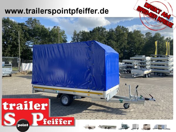 Eduard 1500 KG Multitransporter - Hochlader - gebremste Einzelachser - 3.1x1.6m - Ladehöhe:56 cm - 195/55R10 - Bordwände 30cm Hochplane SP-Line mit Öko Schräge und Heckrollo