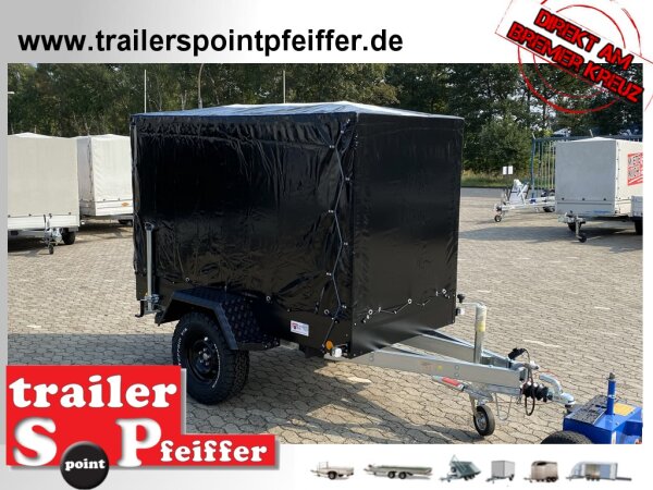 TPV TL-EB3 Offroad - 1300 kg gebremst Kastenanhänger mit 15" Geländebereifung und Reling - SCHWARZ mit Hochplane SP-Line