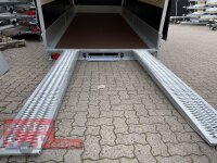 Eduard 3000 KG Maschinentransporter - Gebremste Doppelachser - 5.0x2.2m - Ladehöhe:56 cm - 195/55R10 - Auffahrrampen - Bordwände 30cm - kippbar - Hochplane SP-Line mit Schiebeplane links und rechts