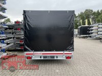 Eduard 3000 KG Maschinentransporter - Gebremste Doppelachser - 5.0x2.2m - Ladehöhe:56 cm - 195/55R10 - Auffahrrampen - Bordwände 30cm - kippbar - Hochplane SP-Line mit Schiebeplane links und rechts