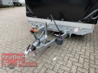 Eduard 3000 KG Maschinentransporter - Gebremste Doppelachser - 5.0x2.2m - Ladehöhe:56 cm - 195/55R10 - Auffahrrampen - Bordwände 30cm - kippbar - Hochplane SP-Line mit Schiebeplane links und rechts