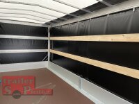 Eduard 3000 KG Maschinentransporter - Gebremste Doppelachser - 5.0x2.2m - Ladehöhe:56 cm - 195/55R10 - Auffahrrampen - Bordwände 30cm - kippbar - Hochplane SP-Line mit Schiebeplane links und rechts