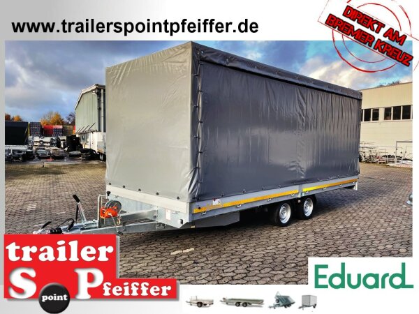 EDUARD 5522 -GD- Hochlader, Auffahrschienen & Winde, Bordwände 30cm -3000kg- Lfh: 63cm -195/50R13 mit Hochplane SP-Line Schiebeplane links Heckrollo