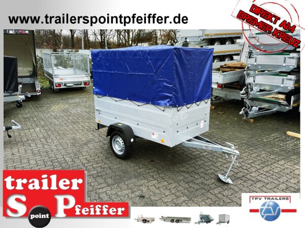 TPV TL-EU2 Anhänger mit Aufsatzwänden und Hochplane TPSP - Spitzdach - 155 cm Innenhöhe - ungebremst - 13 pol. - Zurrösen - 100 KM/H