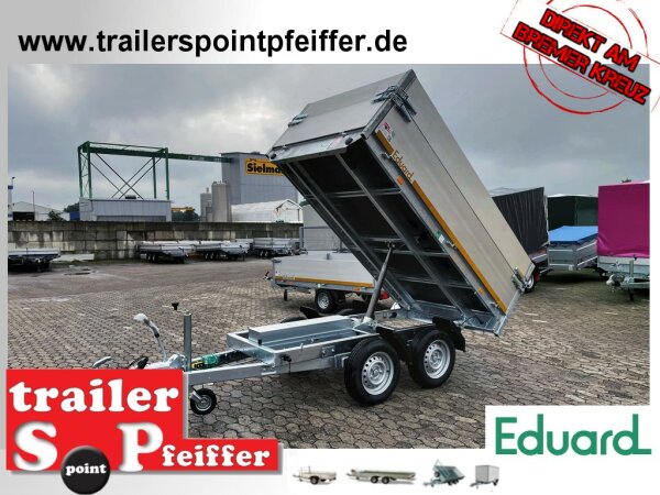 Eduard 2700 KG Rückwärtskipper - mit E-Pumpe - Gebremste Doppelachser - 2.6x1.5m - Ladehöhe:72 cm - 185/70R13 - Bordwände 40cm und zusätzlich 30 cm Aufsatzwände