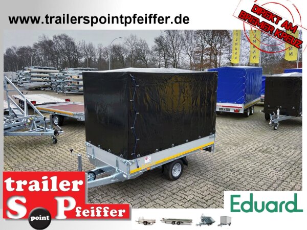 Eduard 1350 KG Hochlader - Gebremste Einzelachser - 2.5x1.45m - Ladehöhe:56 cm - 195/55R10 - Bordwände 30cm - Stützrad Standart (48) Hochplane SP-Line