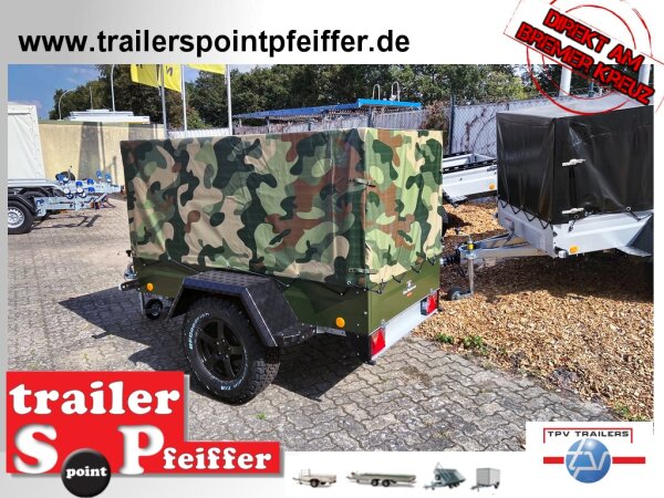 TPV TL-EB2 bronze Offroad - 1000 kg gebremst Kastenanhänger mit 15" Geländebereifung und Reling - Hochplane Camouflage 115 cm