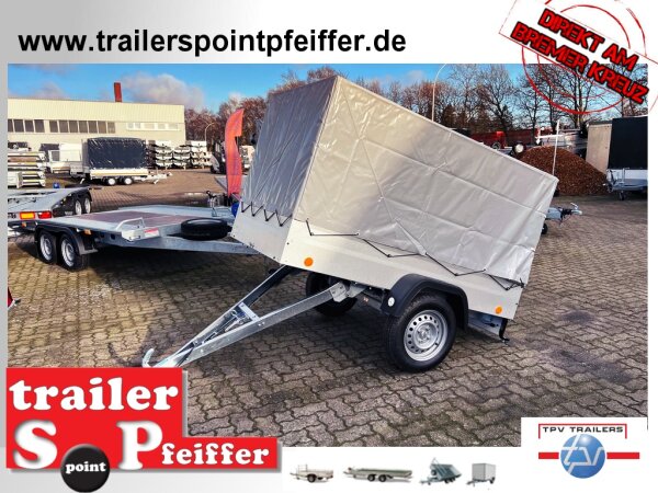 TPV KD-EU2 Anhänger mit klappbarer Deichsel - Hochplane TPSP - Spitzdach - 125 cm Innenhöhe - ungebremst - 13 pol. - Zurrösen - 100 KM/H - mit Aktionsplane