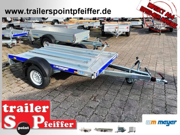 ABVERKAUF / WM Meyer Mot 1025/151 Alu blau Motorradanhänger mit Standschienen und Rampe