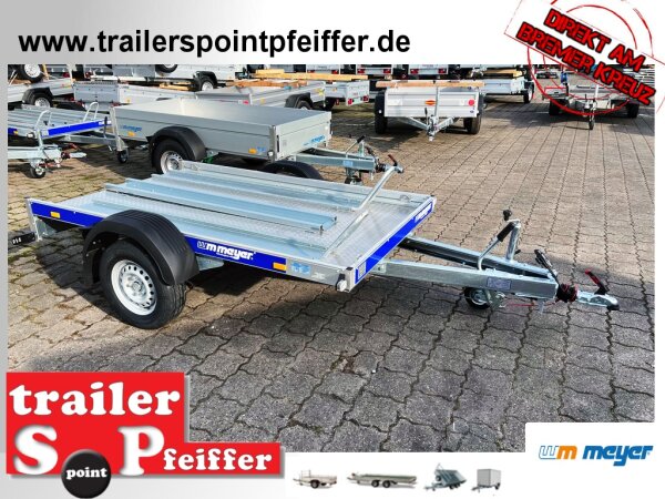 WM Meyer Mot 1025/151 Alu blau Motorradanhänger mit Standschienen und Rampe