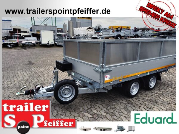 EDUARD 3318 -GD- 3 Seitenkipper, Auffahrschienen, Bordwände 30cm -3500kg- E & H-Pumpe - Lfh: 63cm -195/50R13 mit Stahl - Kastenaufsatz - Staukiste - Reserverad - 100 KM/H