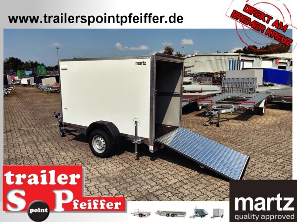 martz KARGO 250 C R 1,3T Plywood Kofferanhänger mit Rampe - gebremst mit Zurrleisten - Heckstützen - 100 KM/H