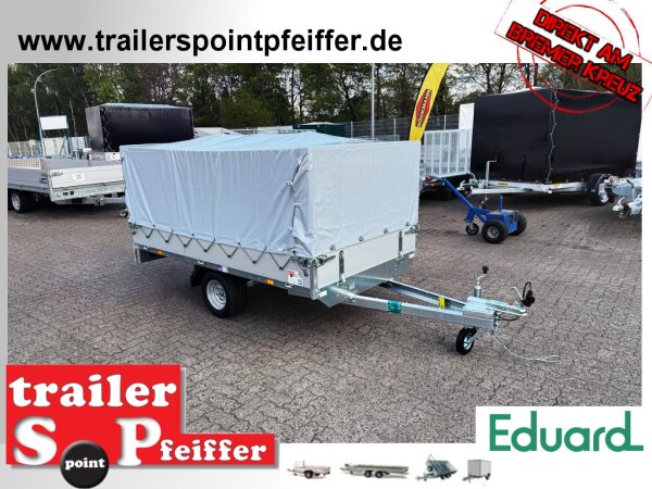AKTION - Eduard 2514 750 KG Hochlader - Ungebremste Einzelachser - 2.5x1.45m - Ladehöhe:56 cm - 195/55R10 - Bordwände 30cm Hochplane PLED 100 und Stützrad