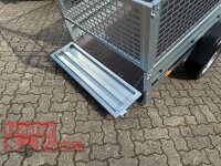 Brenderup 1205 SUB 750 " Der neue Kippi " - ABKLAPPBARE ZUGDEICHSEL / VERTIKAL ABSTELLEN mit LAUBGITTERAUFSATZ 50 CM