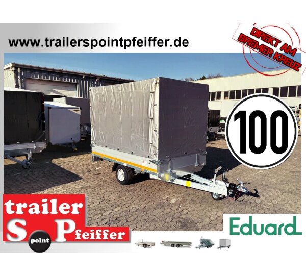 AKTION EDUARD 2514 -100 KM/H - Stützen - GE- Hochlader, Bordwände 30cm -1350kg- Lfh: 56cm -195/55R10 mit Hochplane SP-Line 170 cm silbergrau - mit Stützrad