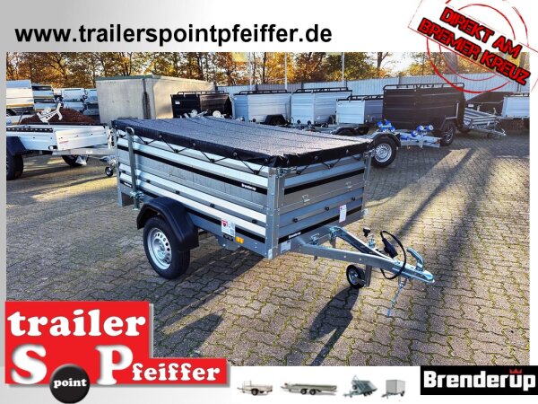 Brenderup 1205 SUB 750 " Der neue Kippi " - ABKLAPPBARE ZUGDEICHSEL / VERTIKAL ABSTELLEN mit Kastenaufsatz 35 cm - Flachplane - Stützrad und Stützen