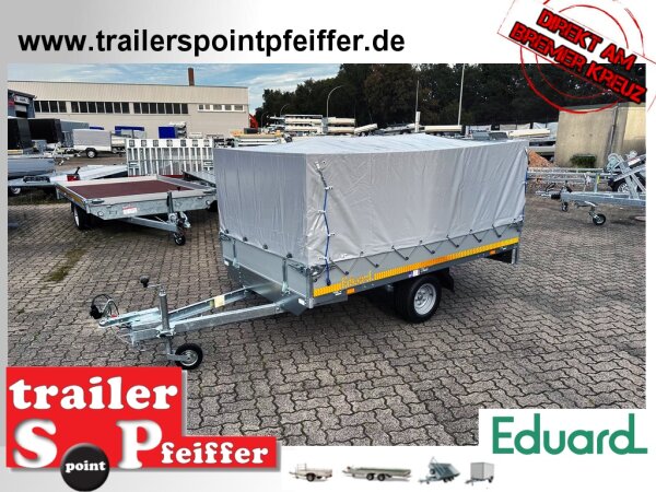 AKTION - Eduard 2314 750 KG Hochlader - Ungebremste Einzelachser - 2.3x1.45m - Ladehöhe:56 cm - 195/55R10 - Bordwände 30cm Hochplane PLED 100 und Stützrad