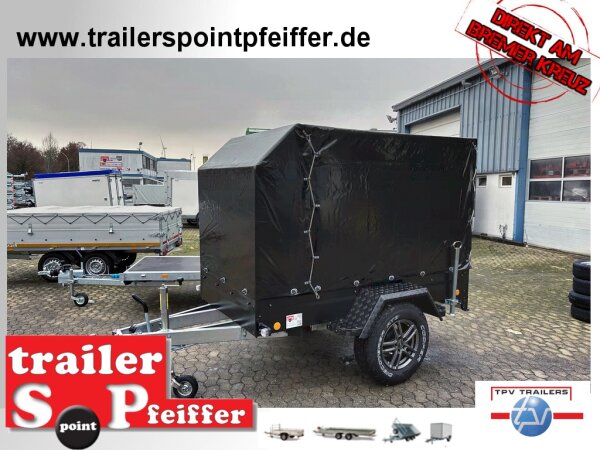 TPV TL-EB3 Offroad - 1300 kg gebremst Kastenanhänger mit 15" Geländebereifung und Reling - SCHWARZ mit Hochplane SP-Line ÖKO Schräge