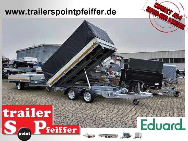 EDUARD 3318 -GD- 3-Seitenkipper, Auffahrschienen, Bordwände 40cm -3500kg- E & H-Pumpe - Lfh: 63cm -195/50R13 - Laubgitter pendelbar - 70cm hoch und Hoch-/Flachplane