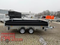 HUMBAUR HTK 3500.37 STAHL I 363 x 185 I 3500 KG I Dreiseitenkipper mit E-Pumpe - Rampenschacht  mit  Stahlbordwand SCHWARZ