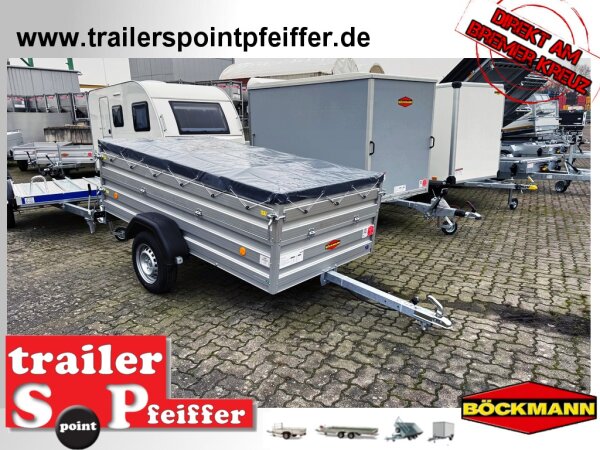 B-Ware I Böckmann 750 KG Alu Anhänger 250x130 mit Aufsatz Flachplane und Bügeln