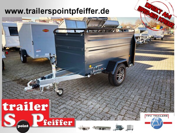TPV KT-EB3 Offroad Plus (mit Bordwanderhöhung)  ANTHRAZIT - Koffer -  Deckelanhänger - gebremst mit verstärkter Dachreling für Dachzelte