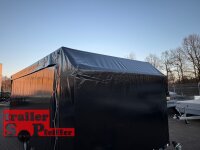 Lorries PL30-5521 - 3000 kg kippbarer leichter Autotransporter mit ALU Standschienen und Rampen mit Hochplane SP-Line Austellklappe hinten - ÖKO - Schiebeplane links und rechts