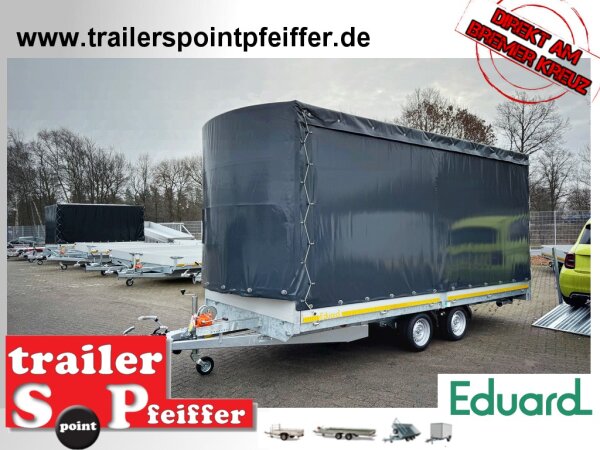 EDUARD 5022 -GD- Hochlader, Auffahrschienen & Winde, Bordwände 30cm -3500kg- Lfh: 63cm -195/50R13 mit Hochplane SP-Line Schiebeplane links und rechts - vorne extra RUND - 3 Reihen Bretter / Mittelrunge