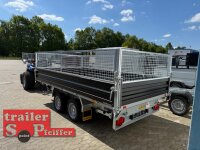 HUMBAUR HTK 3500.37 STAHL I 363 x 185 I 3500 KG I Dreiseitenkipper mit E-Pumpe - Rampenschacht  mit  Stahlbordwand SCHWARZ mit SI-GI Laubgitter