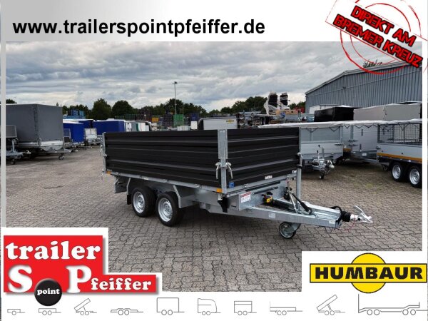 HUMBAUR HTK 3500.31 STAHL I 314 x 175 I 3500 KG I Dreiseitenkipper mit E-Pumpe - Rampenschacht mit Stahlbordwand SCHWARZ Aufsatzwände Stahl SCHWARZ