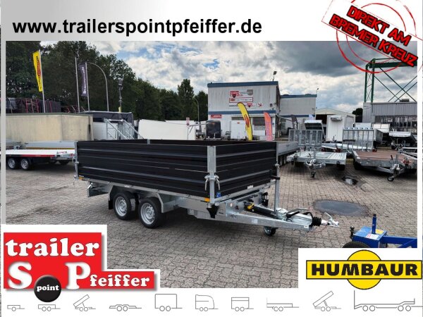 HUMBAUR HTK 3500.37 STAHL I 363 x 185 I 3500 KG I Dreiseitenkipper mit E-Pumpe - Rampenschacht  mit  Stahlbordwand SCHWARZ Aufsatzwände Stahl SCHWARZ